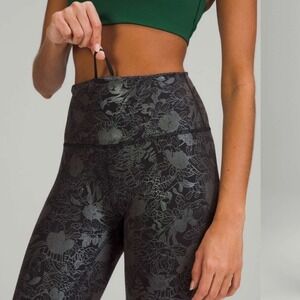 Lululemon Wunder Train Leggings Size 8 Black Silver Floral Foil High Rise 25"